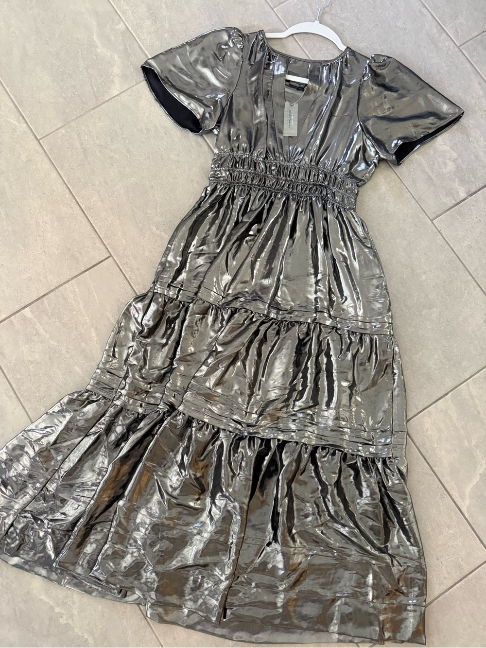 NWT Anthropologie Silver Metallic Tiered Maxi Dress XSP